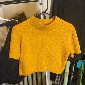 Mustard chenille mock neck sweater. Short sleeves. Slight crop